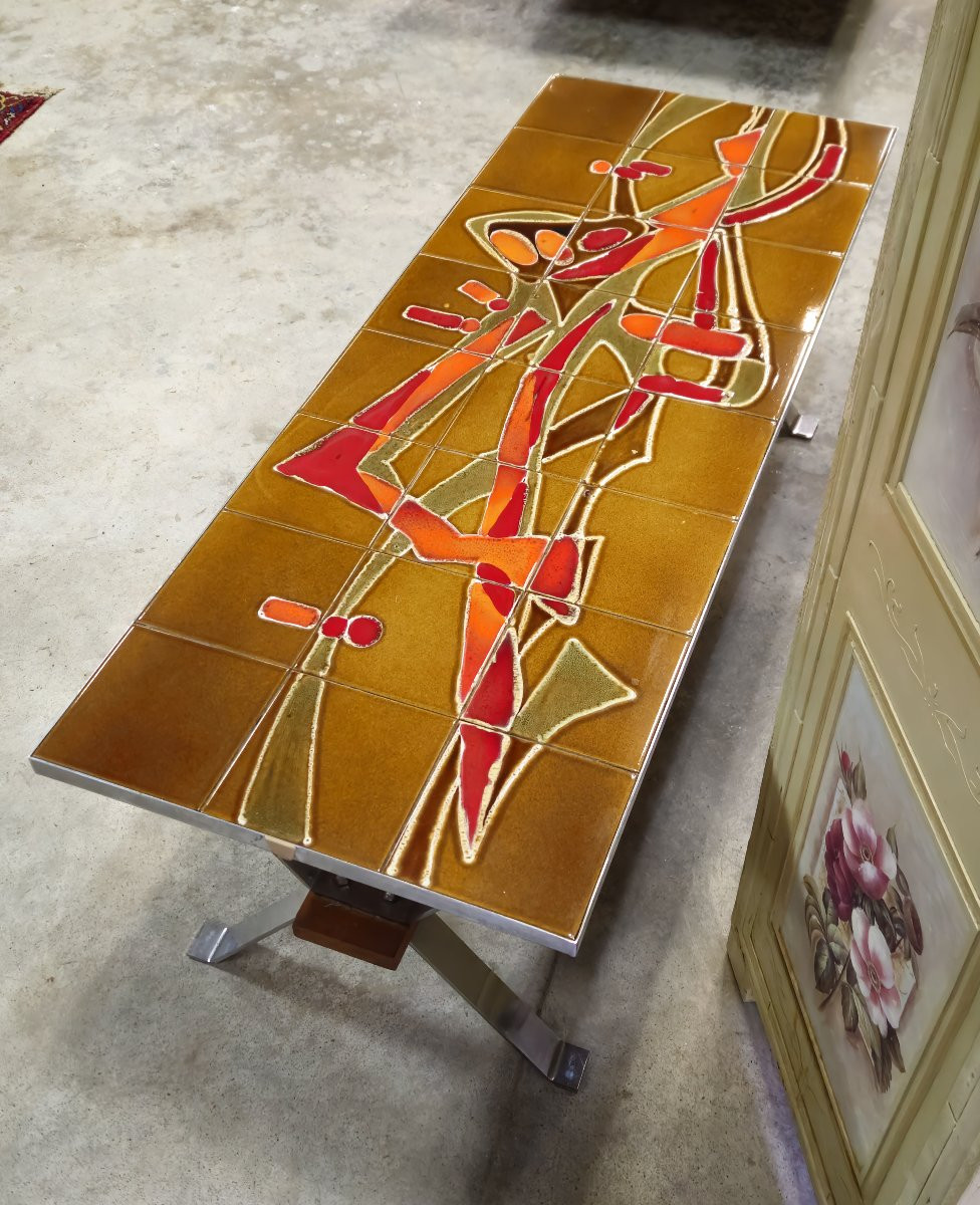 Vintage Coffee Table With Abstract Ceramic Top, Metal Base - 1960s/70s-photo-4