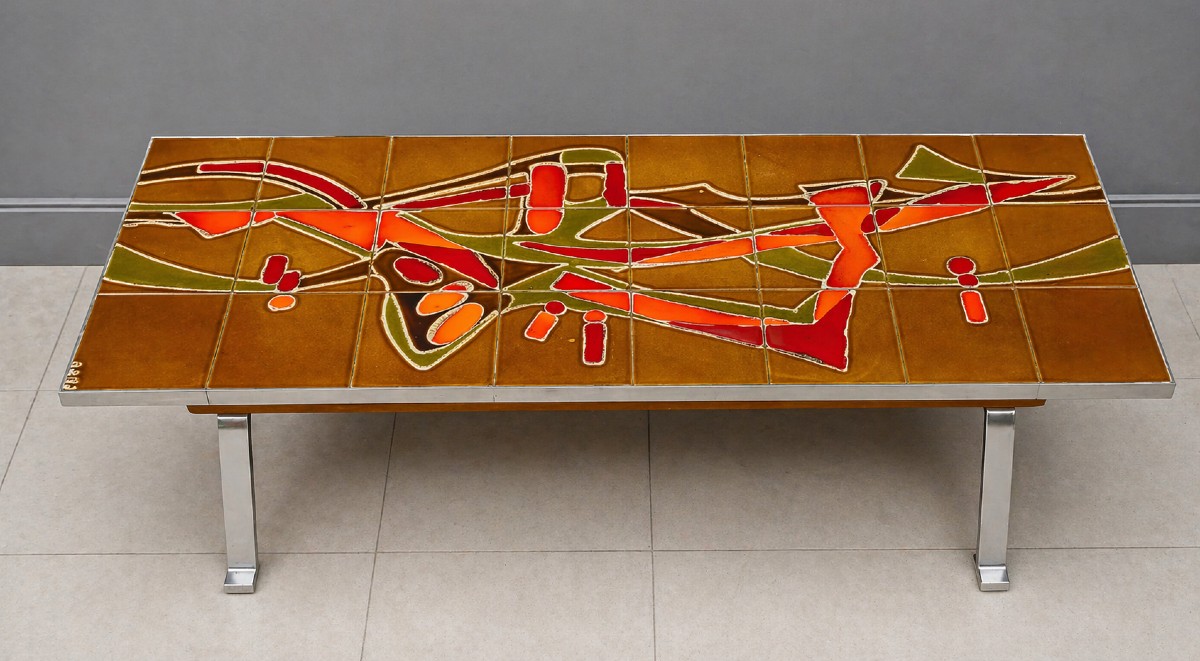 Vintage Coffee Table With Abstract Ceramic Top, Metal Base - 1960s/70s