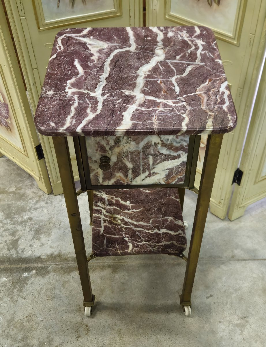 Side Table / Bedside Table In Red Marble And Brass-photo-4