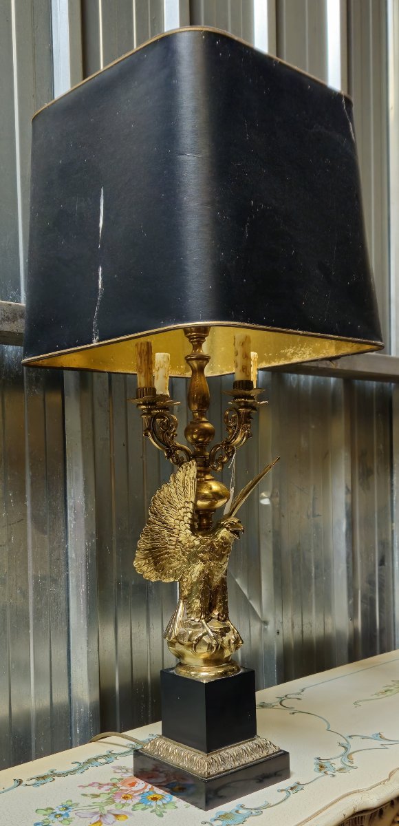 Very Large Empire / Return From Egypt Gilt Bronze Eagle Lamp, Black Shade-photo-2