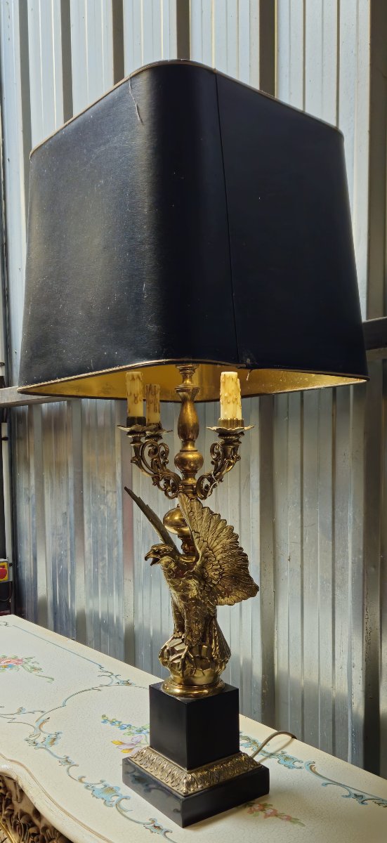 Very Large Empire / Return From Egypt Gilt Bronze Eagle Lamp, Black Shade-photo-3