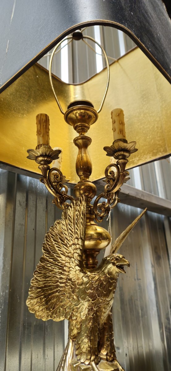 Very Large Empire / Return From Egypt Gilt Bronze Eagle Lamp, Black Shade-photo-5