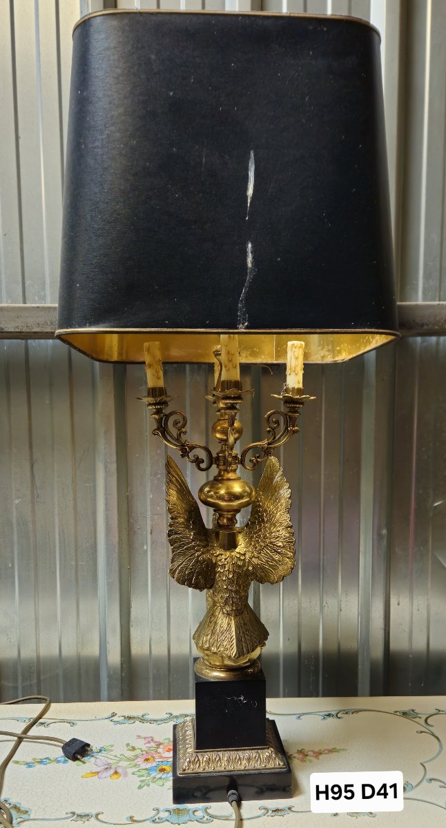 Very Large Empire / Return From Egypt Gilt Bronze Eagle Lamp, Black Shade-photo-7
