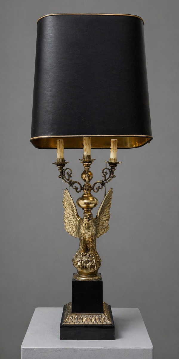 Very Large Empire / Return From Egypt Gilt Bronze Eagle Lamp, Black Shade