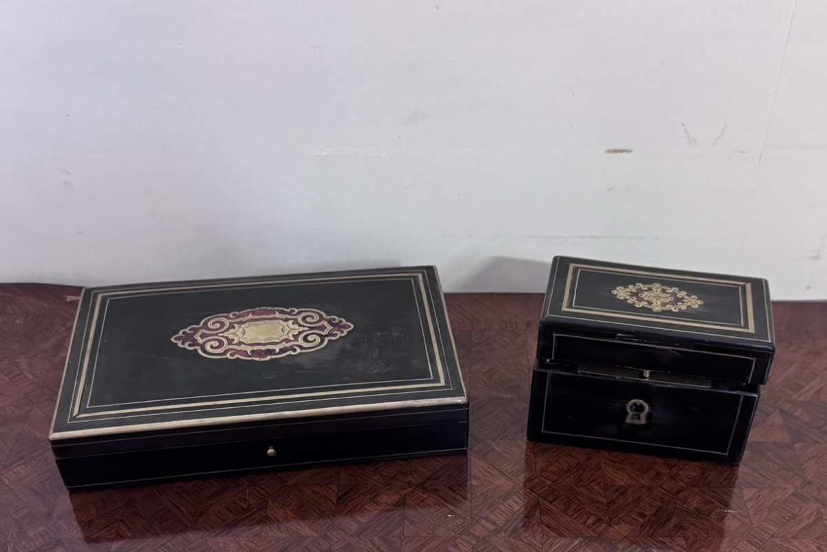 Two Blackened Wood Boxes With Boulle Marquetry Decoration - 19th Century-photo-1