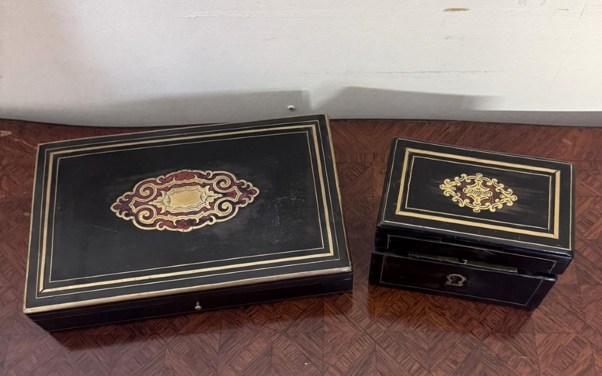 Two Blackened Wood Boxes With Boulle Marquetry Decoration - 19th Century-photo-2