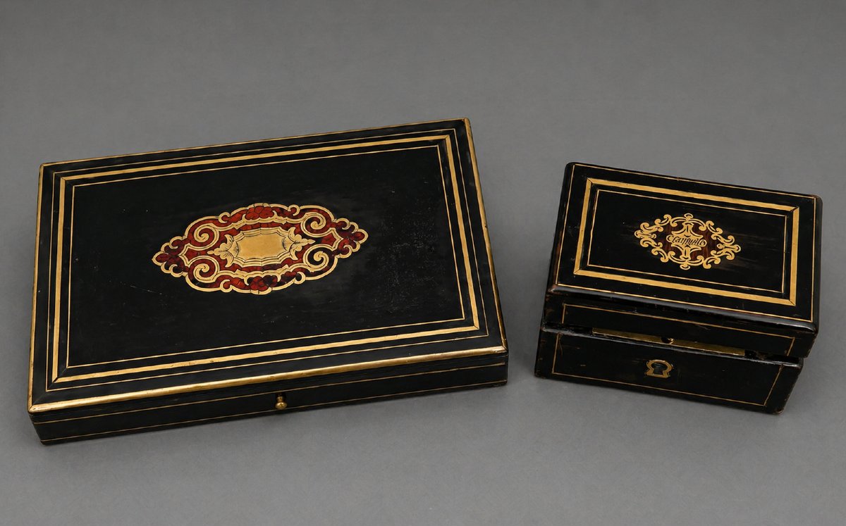 Two Blackened Wood Boxes With Boulle Marquetry Decoration - 19th Century-photo-3