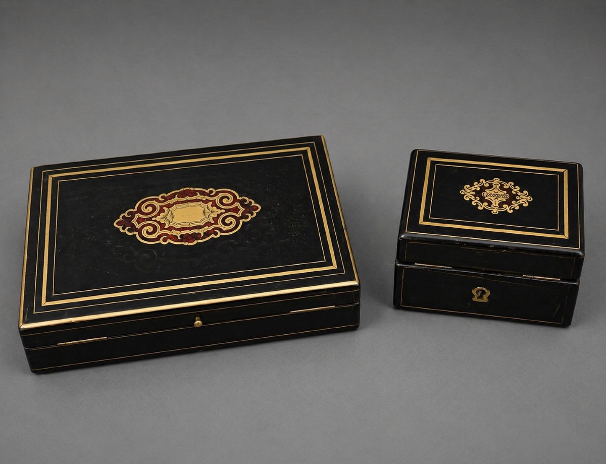 Two Blackened Wood Boxes With Boulle Marquetry Decoration - 19th Century