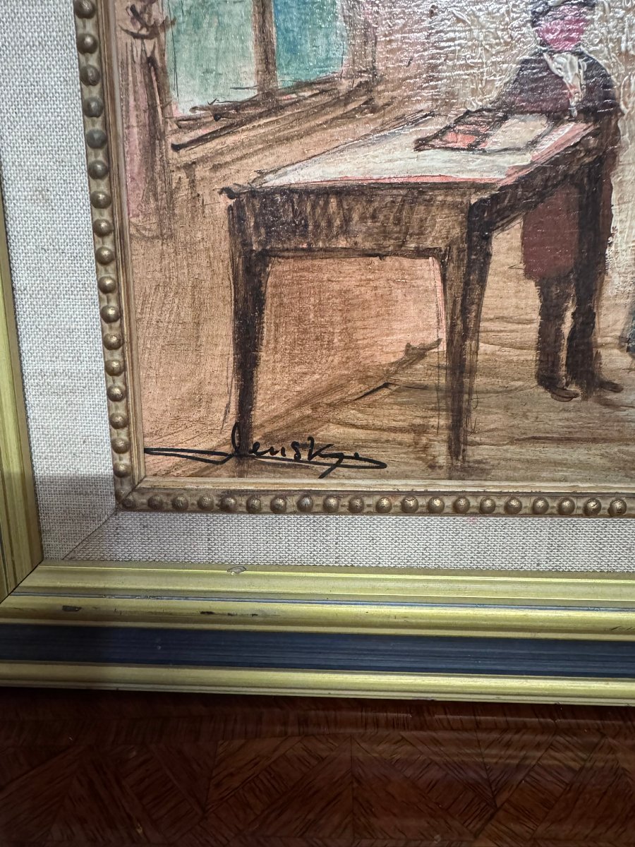 Scène d’intérieur – Huile sur panneau signée Lensky – XXe siècle -photo-5