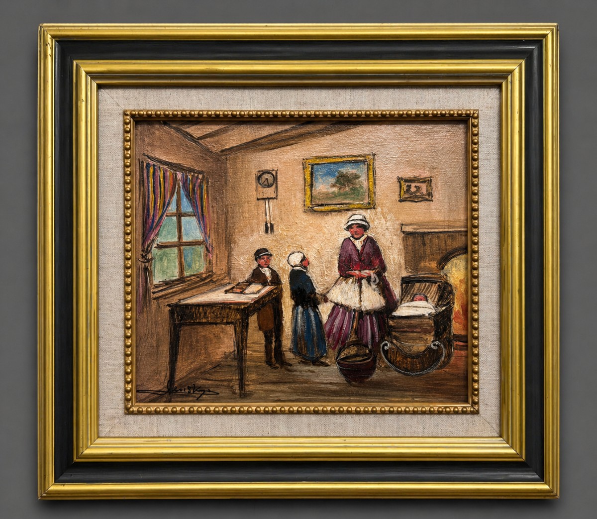 Scène d’intérieur – Huile sur panneau signée Lensky – XXe siècle 