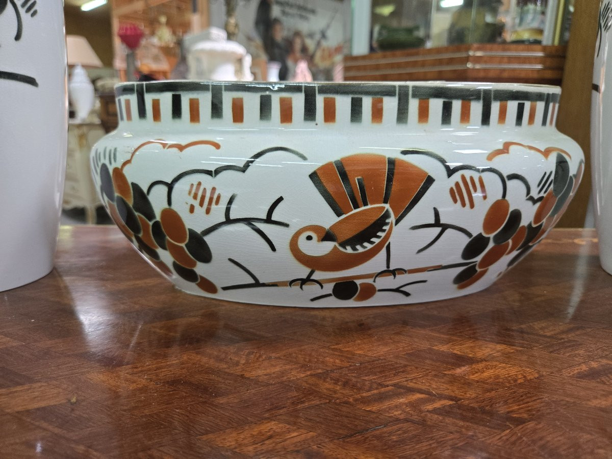 Set With Two Vases And A Centerpiece In Lunéville Earthenware-photo-5
