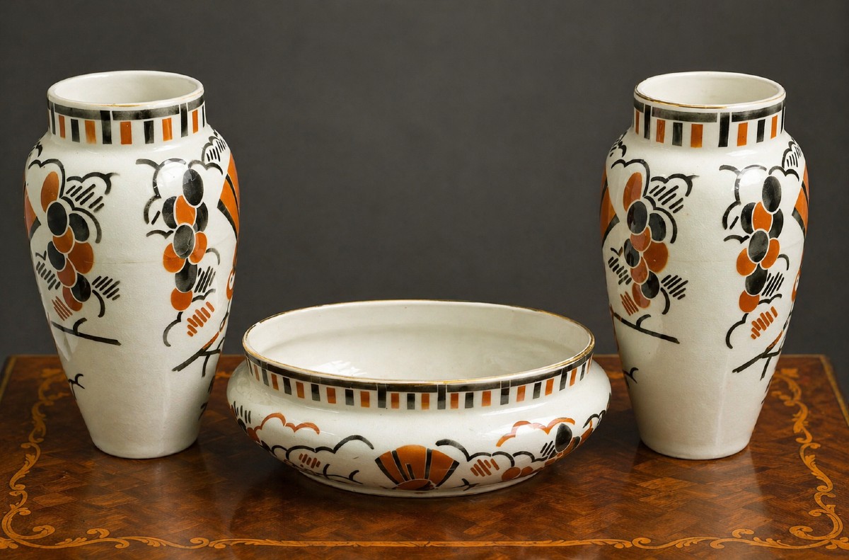 Set With Two Vases And A Centerpiece In Lunéville Earthenware