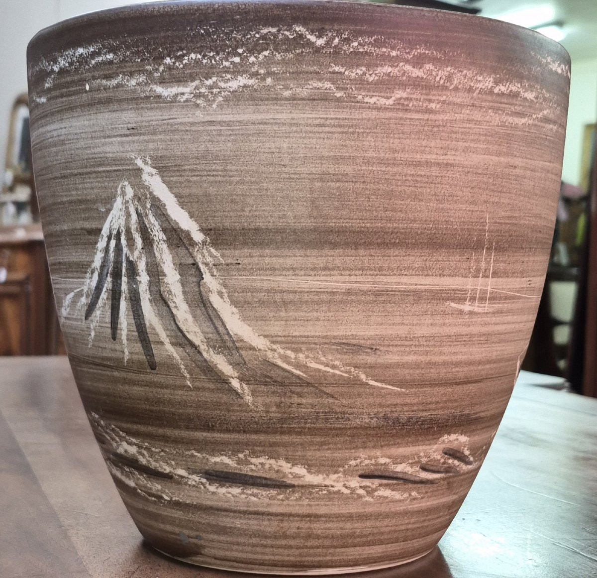 Cache-pot en céramique signée Millet – décor voilier -photo-1