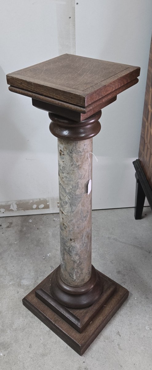 Sellette formant colonne, en bois massif et peinture faux marbre-photo-1