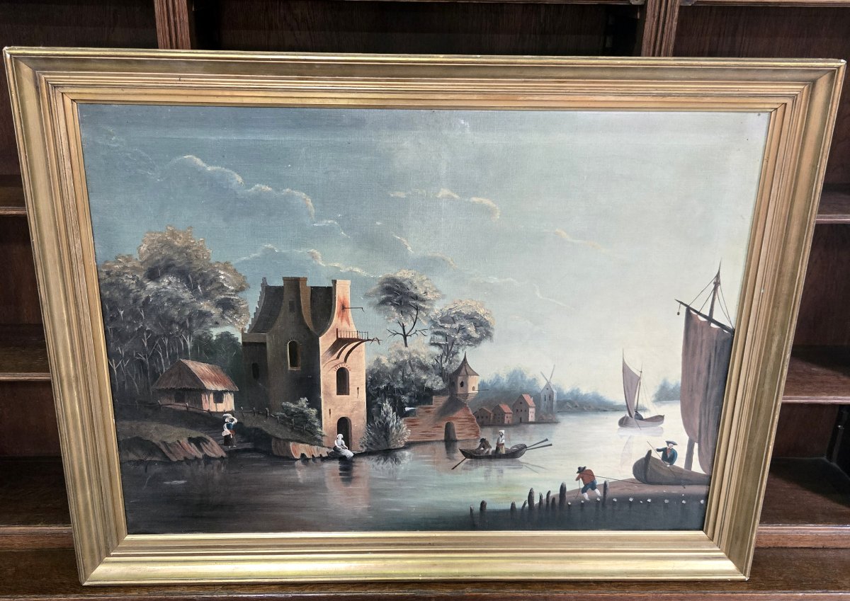 Paysage animé au bord d’une rivière, huile sur toile, école du Nord du XIXe siècle-photo-1