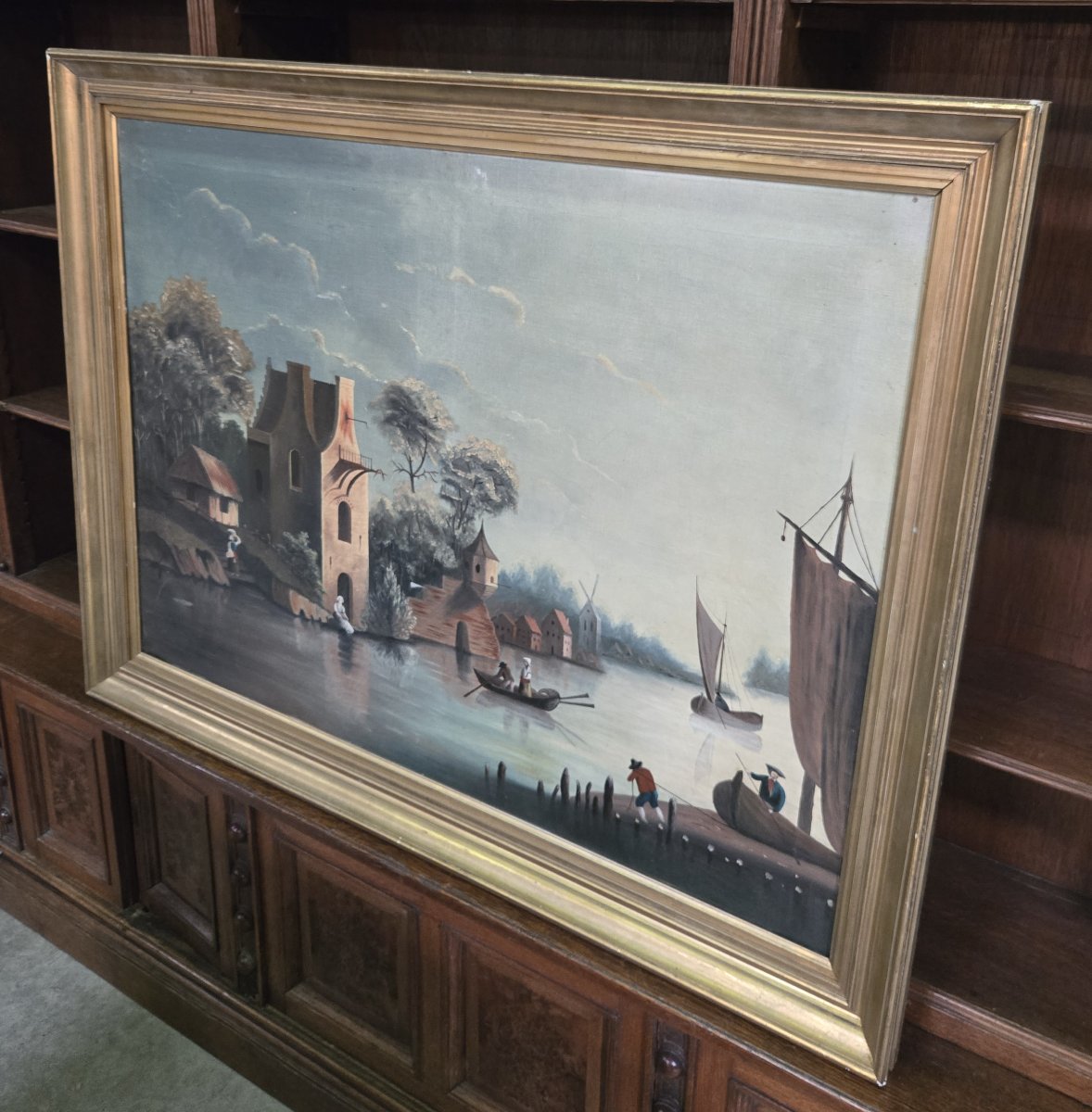 Paysage animé au bord d’une rivière, huile sur toile, école du Nord du XIXe siècle-photo-2