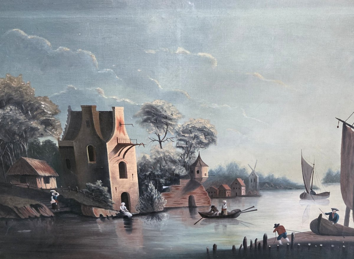 Paysage animé au bord d’une rivière, huile sur toile, école du Nord du XIXe siècle-photo-3