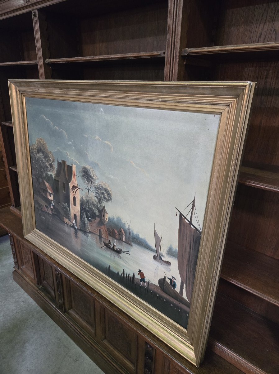 Paysage animé au bord d’une rivière, huile sur toile, école du Nord du XIXe siècle-photo-6