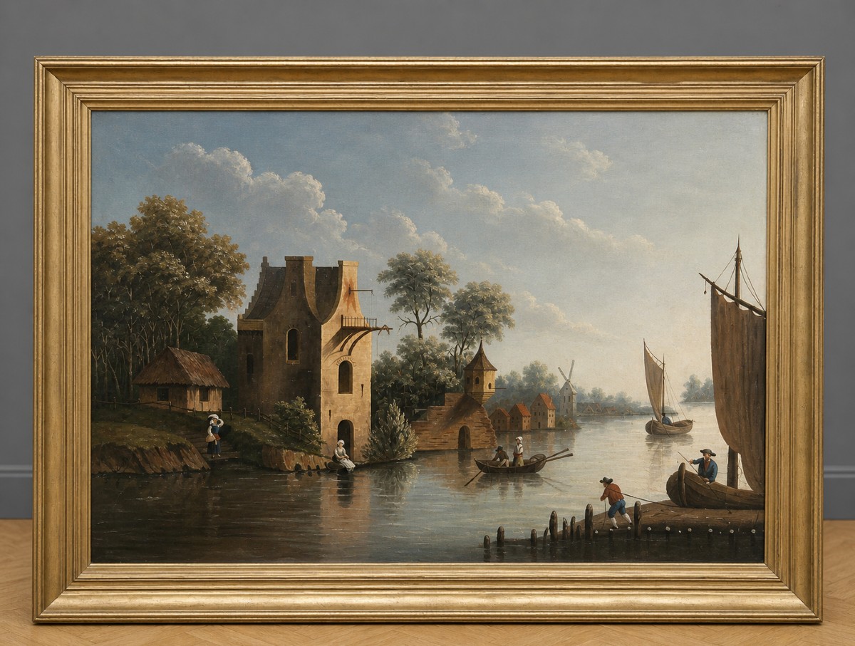 Paysage animé au bord d’une rivière, huile sur toile, école du Nord du XIXe siècle