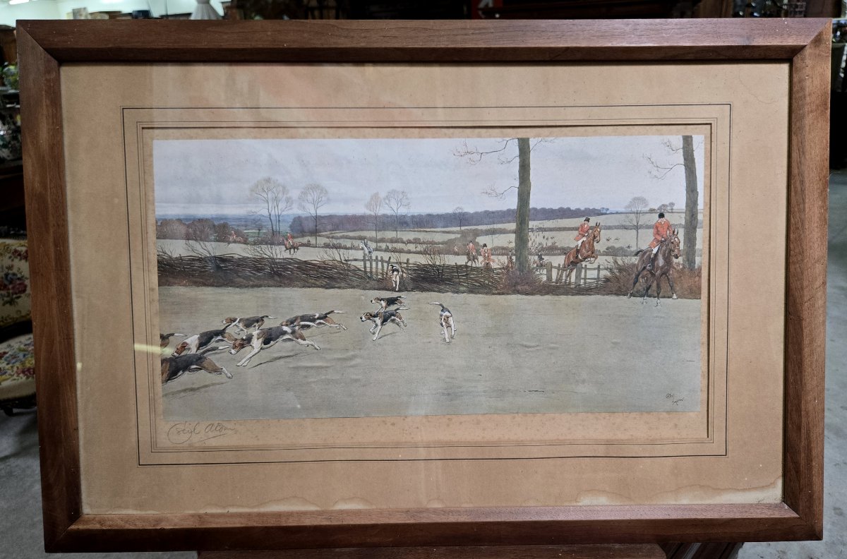 Scène De Chasse à Courre, Watercolor Engraving On Paper Signed Cecil Aldin (1870-1935)-photo-5