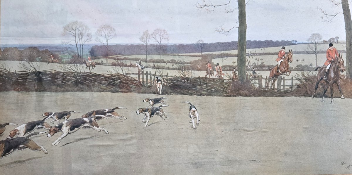 Scène De Chasse à Courre, Watercolor Engraving On Paper Signed Cecil Aldin (1870-1935)-photo-6