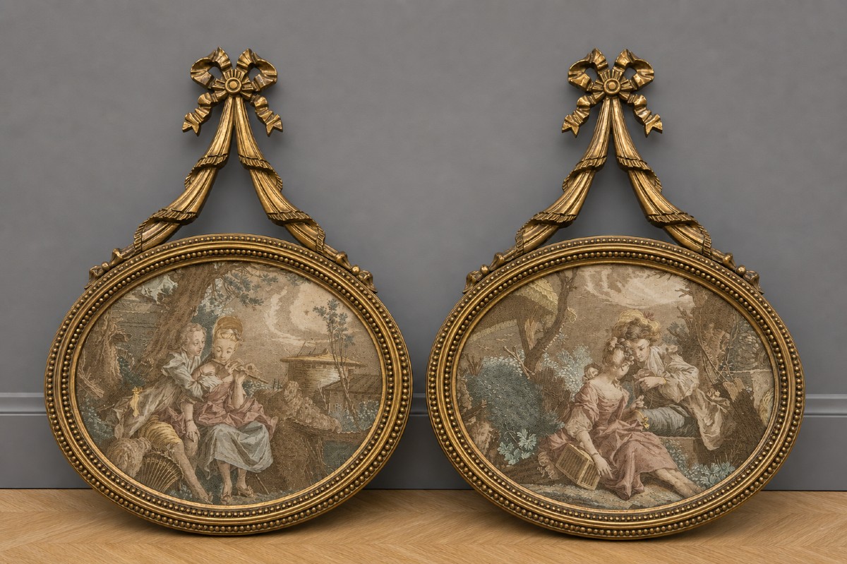 Paire de médaillons muraux de forme ovale, en bois sculpté et doré