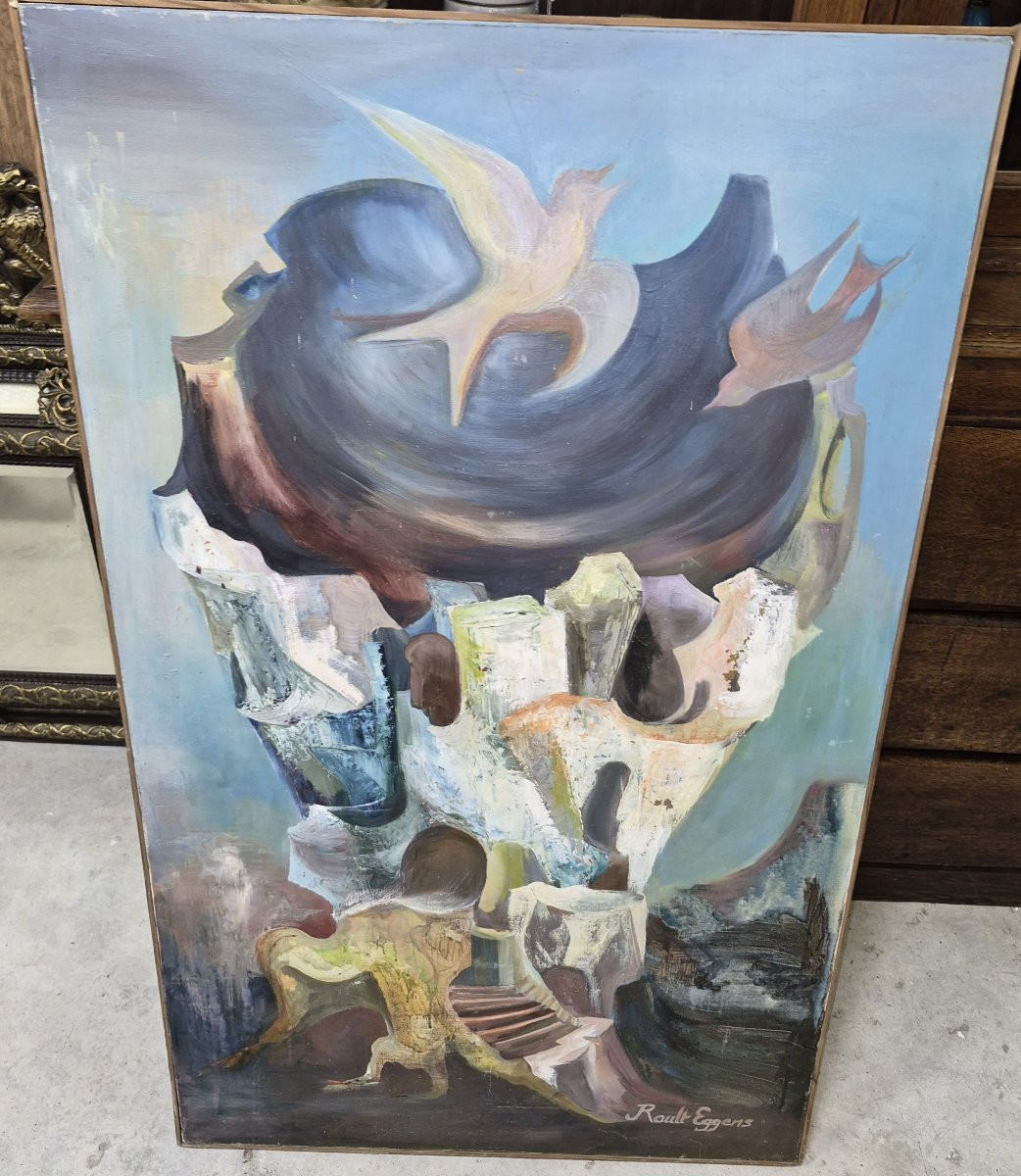 Large Oil On Canvas Signed Rault Eggens-photo-2