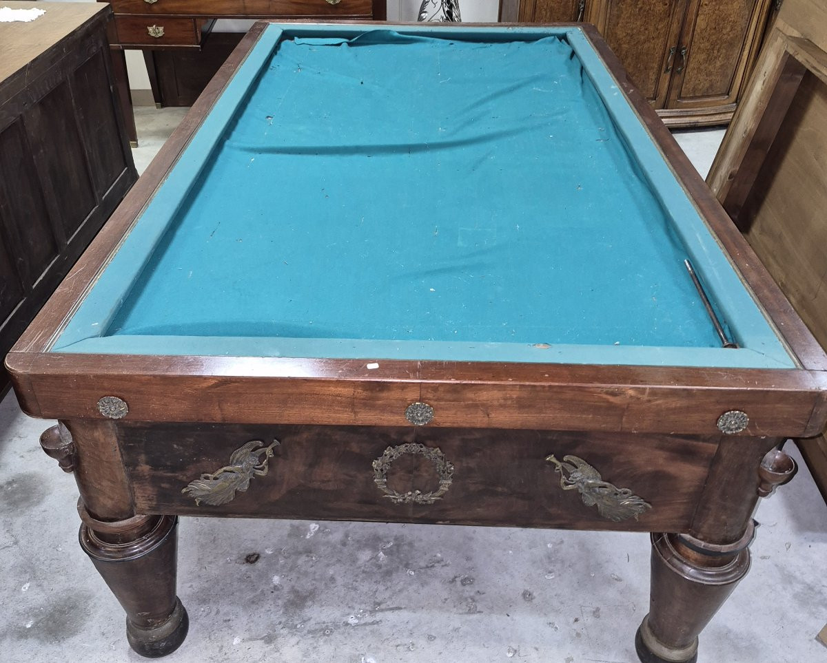 French Empire Period Billiard Table In Mahogany, Resting On Four Sheathed Legs With Ringed Bases.-photo-1