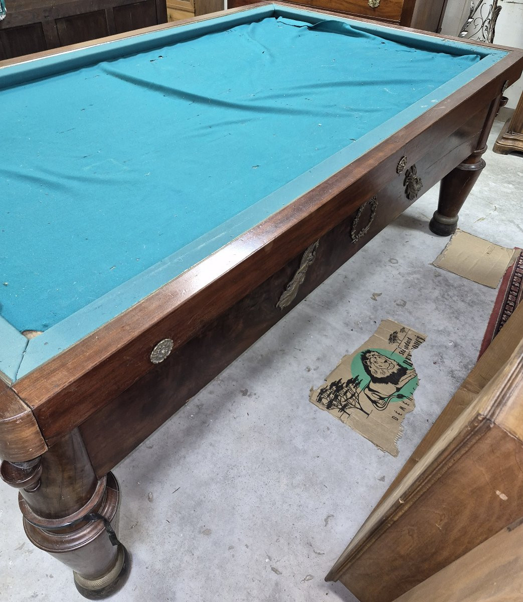 French Empire Period Billiard Table In Mahogany, Resting On Four Sheathed Legs With Ringed Bases.-photo-3