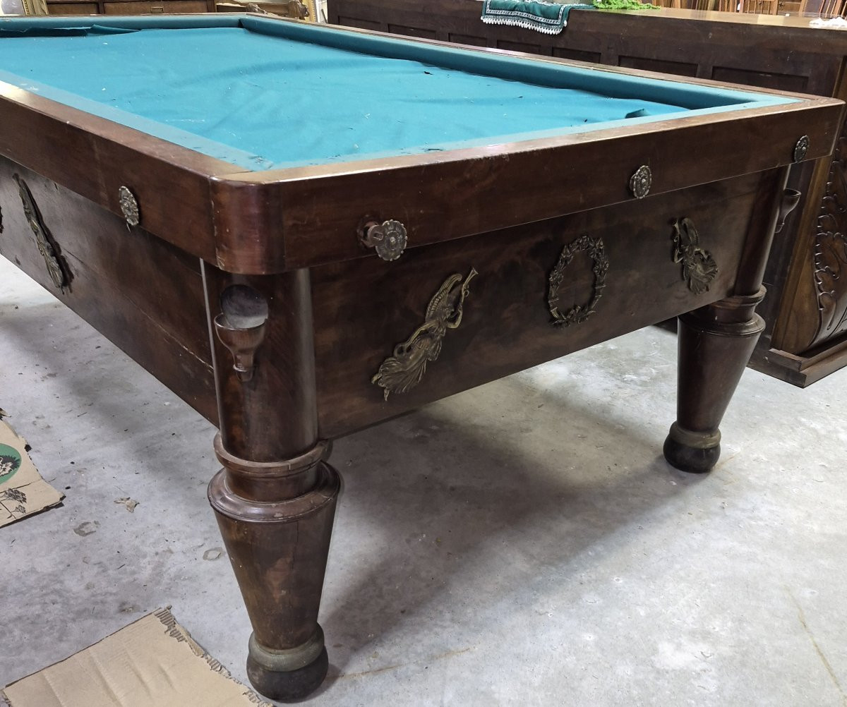 French Empire Period Billiard Table In Mahogany, Resting On Four Sheathed Legs With Ringed Bases.-photo-4