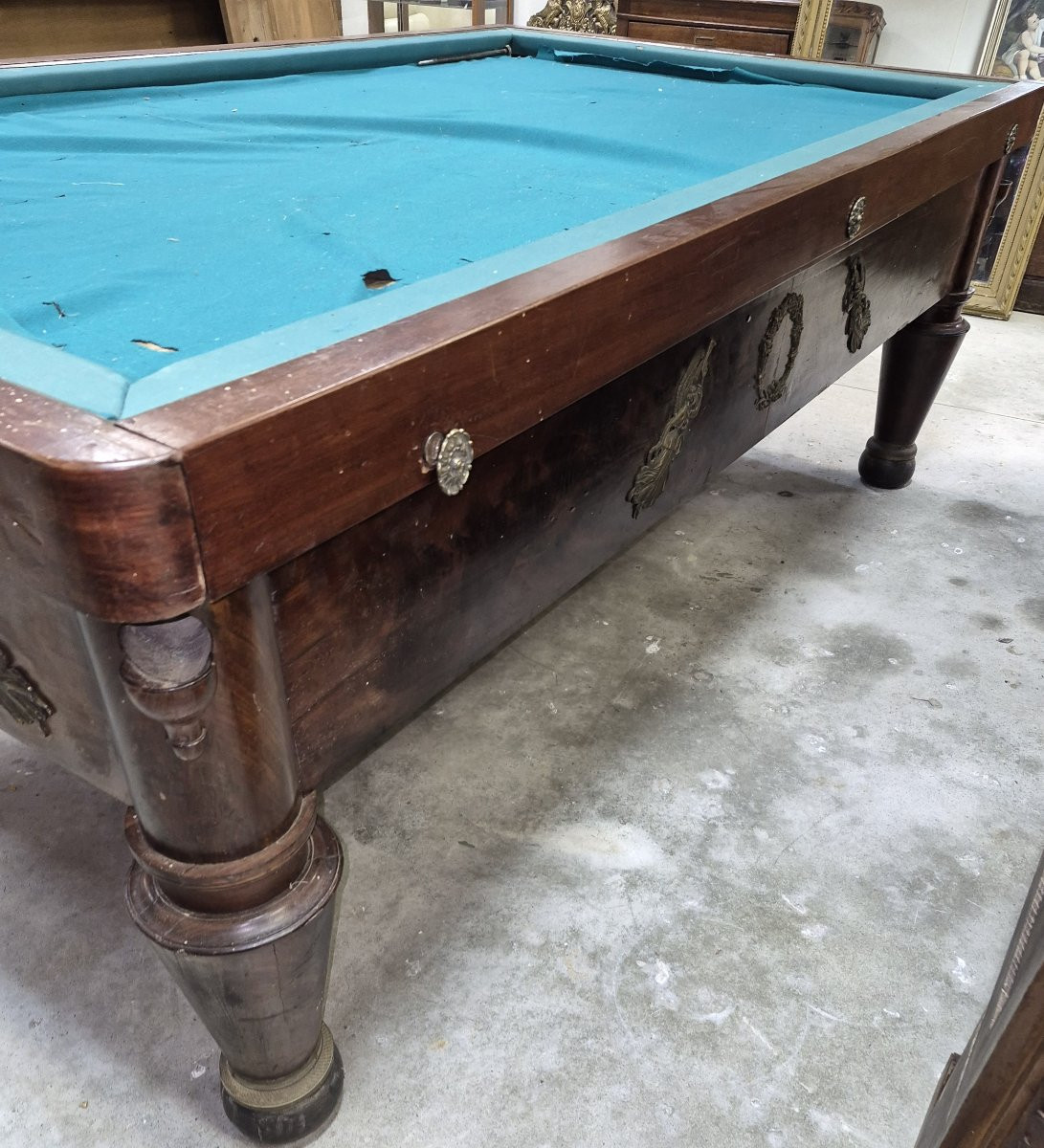 French Empire Period Billiard Table In Mahogany, Resting On Four Sheathed Legs With Ringed Bases.-photo-5