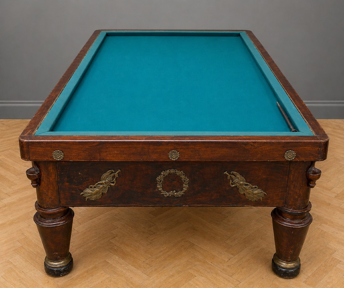 French Empire Period Billiard Table In Mahogany, Resting On Four Sheathed Legs With Ringed Bases.