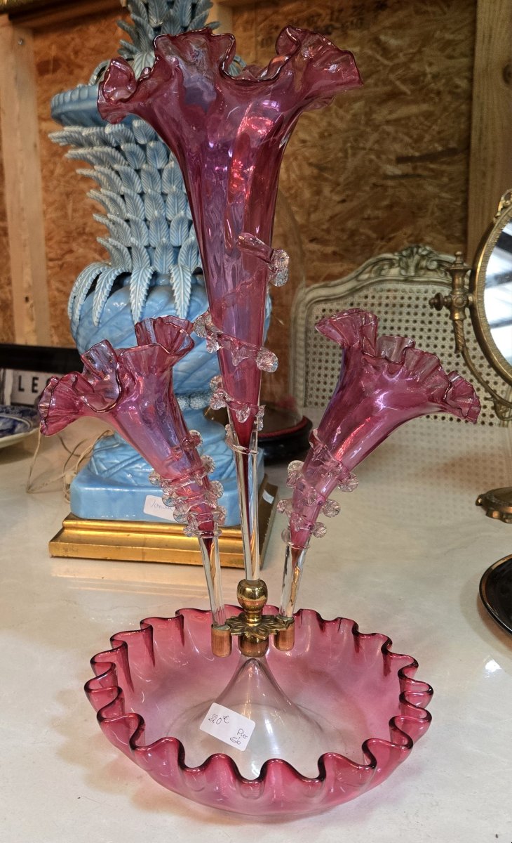 Vase épergne en verre soufflé de teinte rose-photo-3