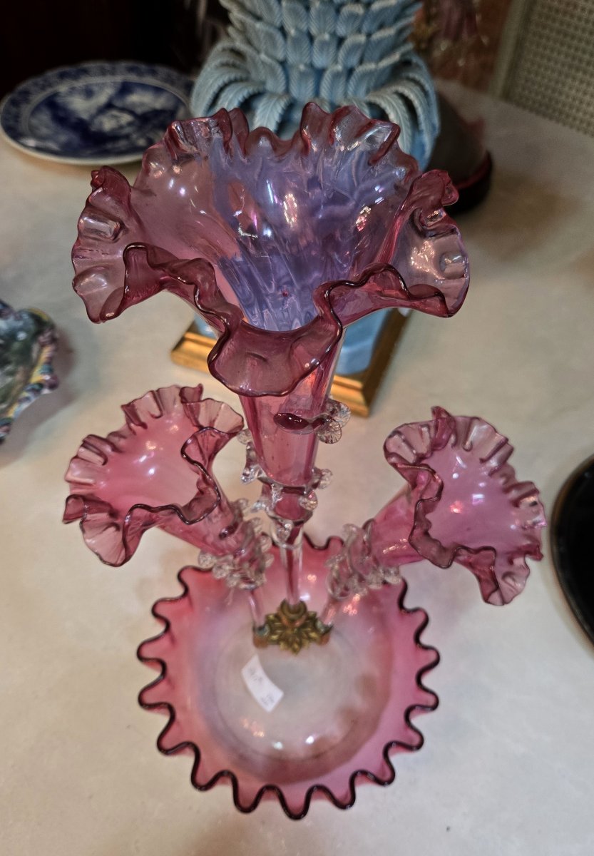 Vase épergne en verre soufflé de teinte rose-photo-4