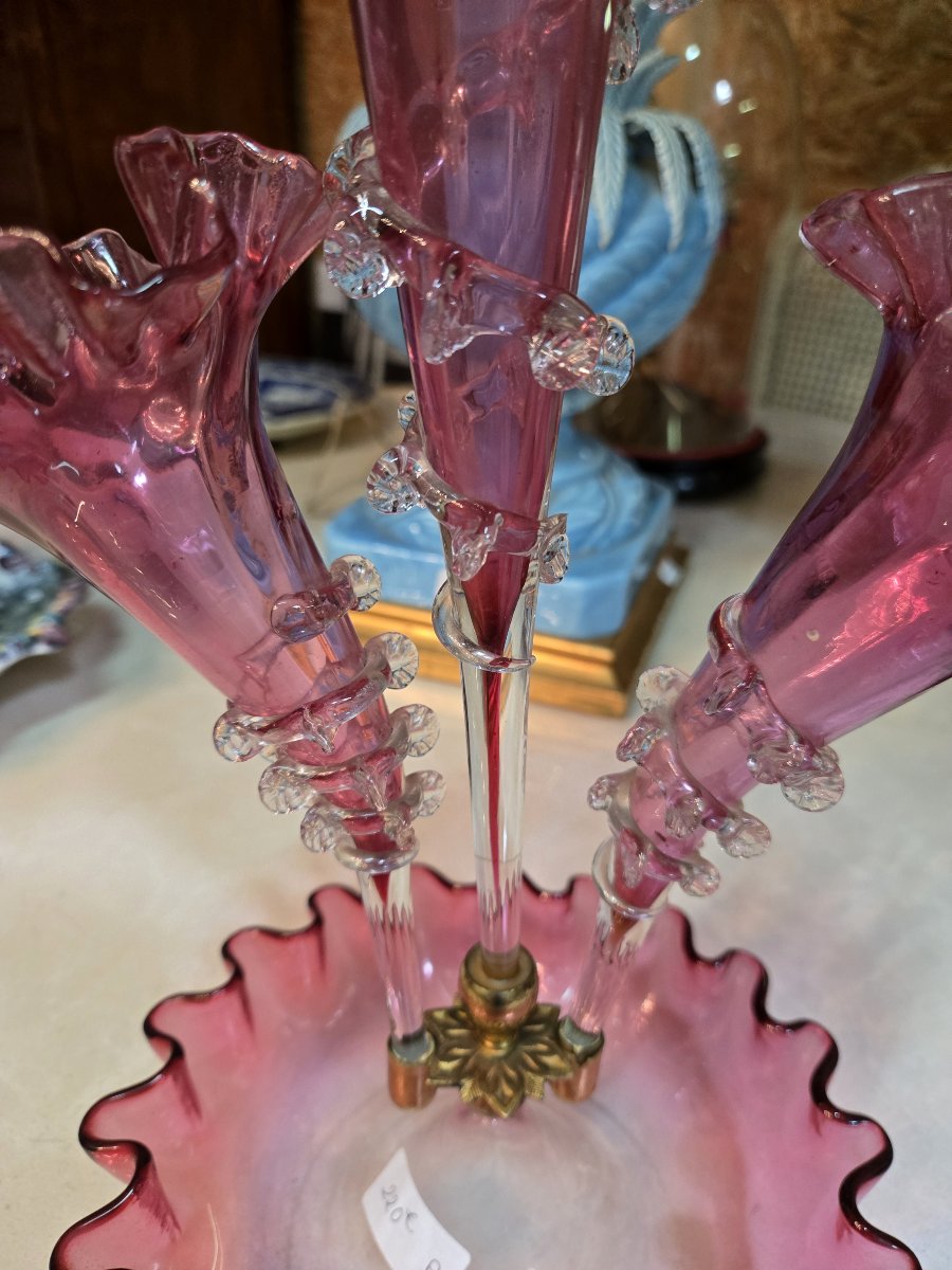 Vase épergne en verre soufflé de teinte rose-photo-5