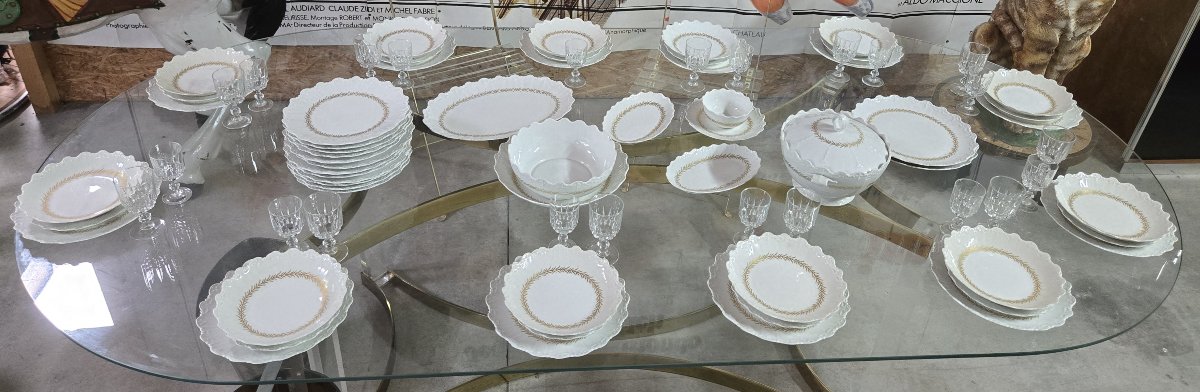 Large Limoges Porcelain Dinner Service, Raynaud & Cie Factory, Swan Stamp-photo-2