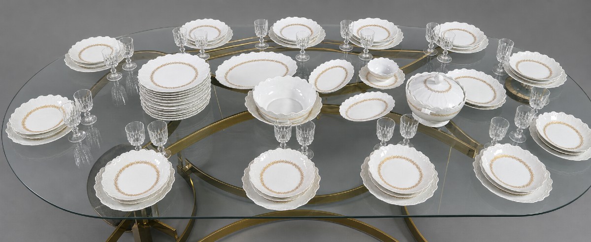 Large Limoges Porcelain Dinner Service, Raynaud & Cie Factory, Swan Stamp