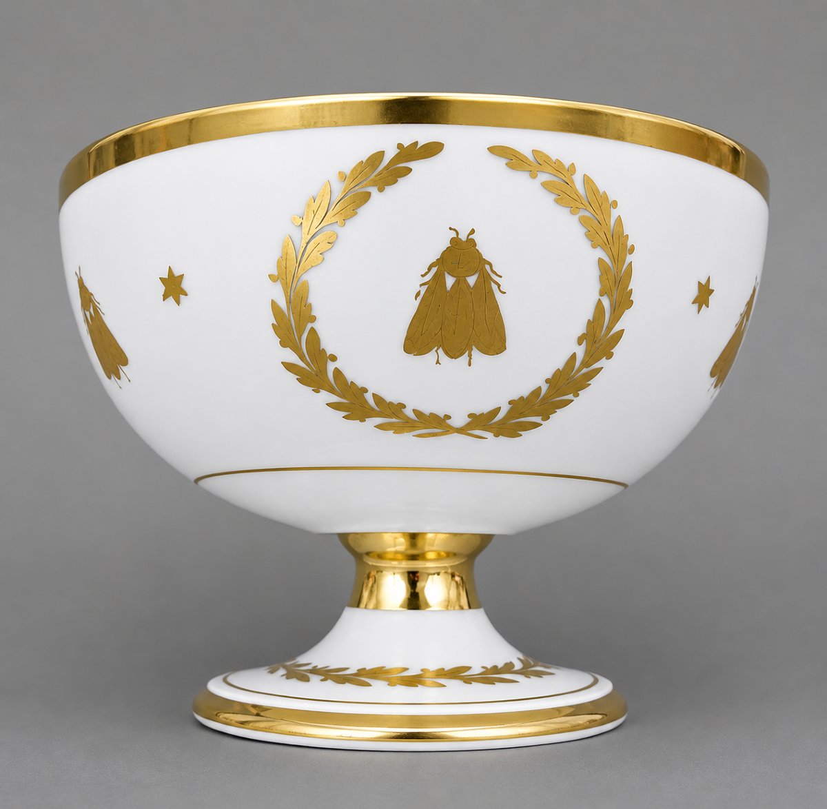 Coupe sur pied en porcelaine blanche style Empire, richement décorée à l’or fin -photo-1