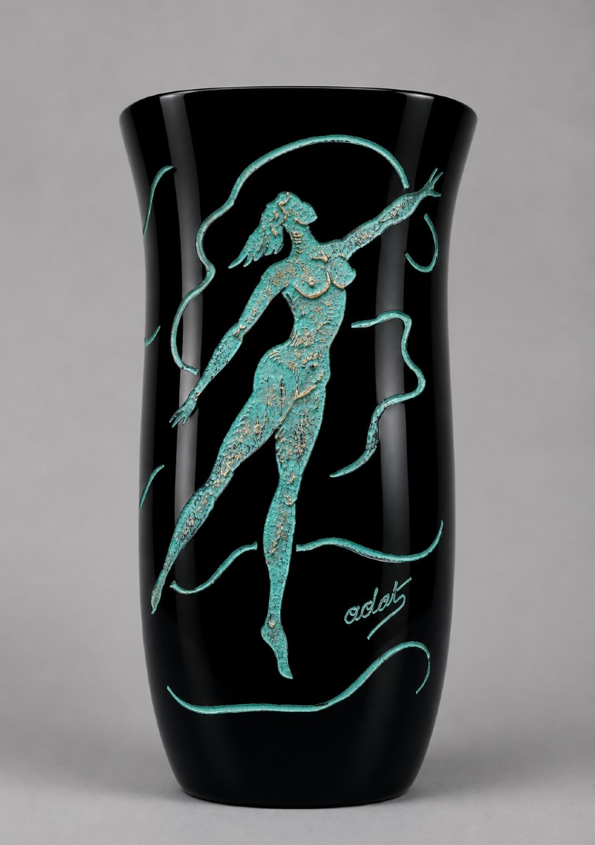 Ady Kroyer : Vase de forme balustre en verre noir, décoré en relief d’une figure féminine