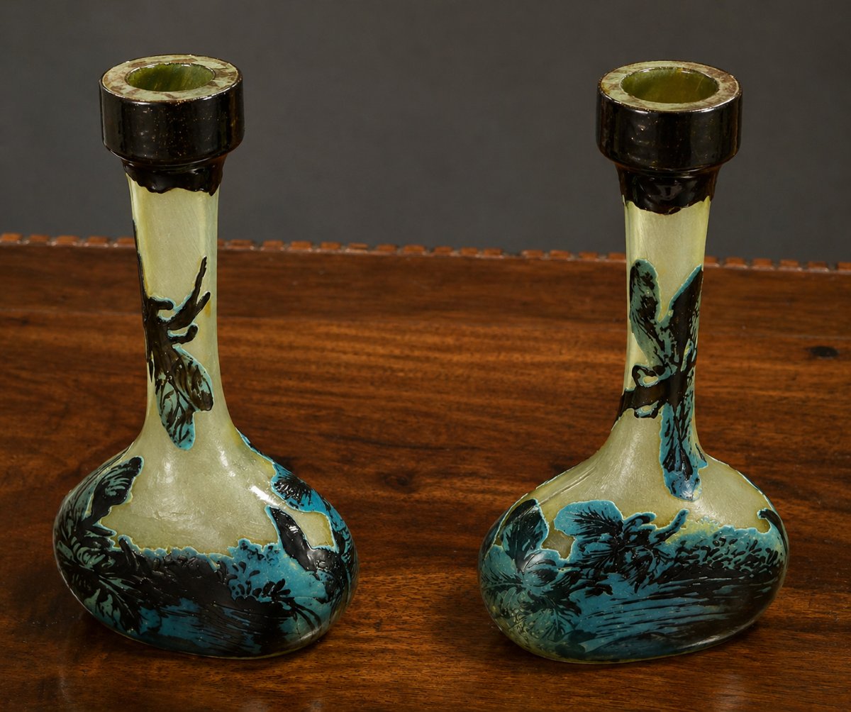 Pair Of Glass Paste Soliflor Vases With Long, Slender Necks Resting On Flat Bases.-photo-1