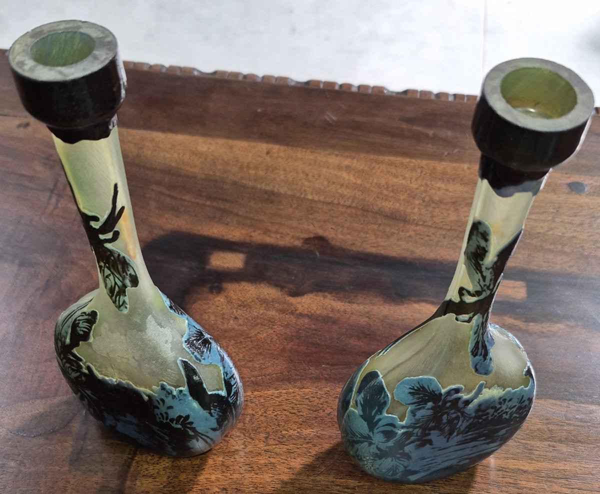 Pair Of Glass Paste Soliflor Vases With Long, Slender Necks Resting On Flat Bases.-photo-2