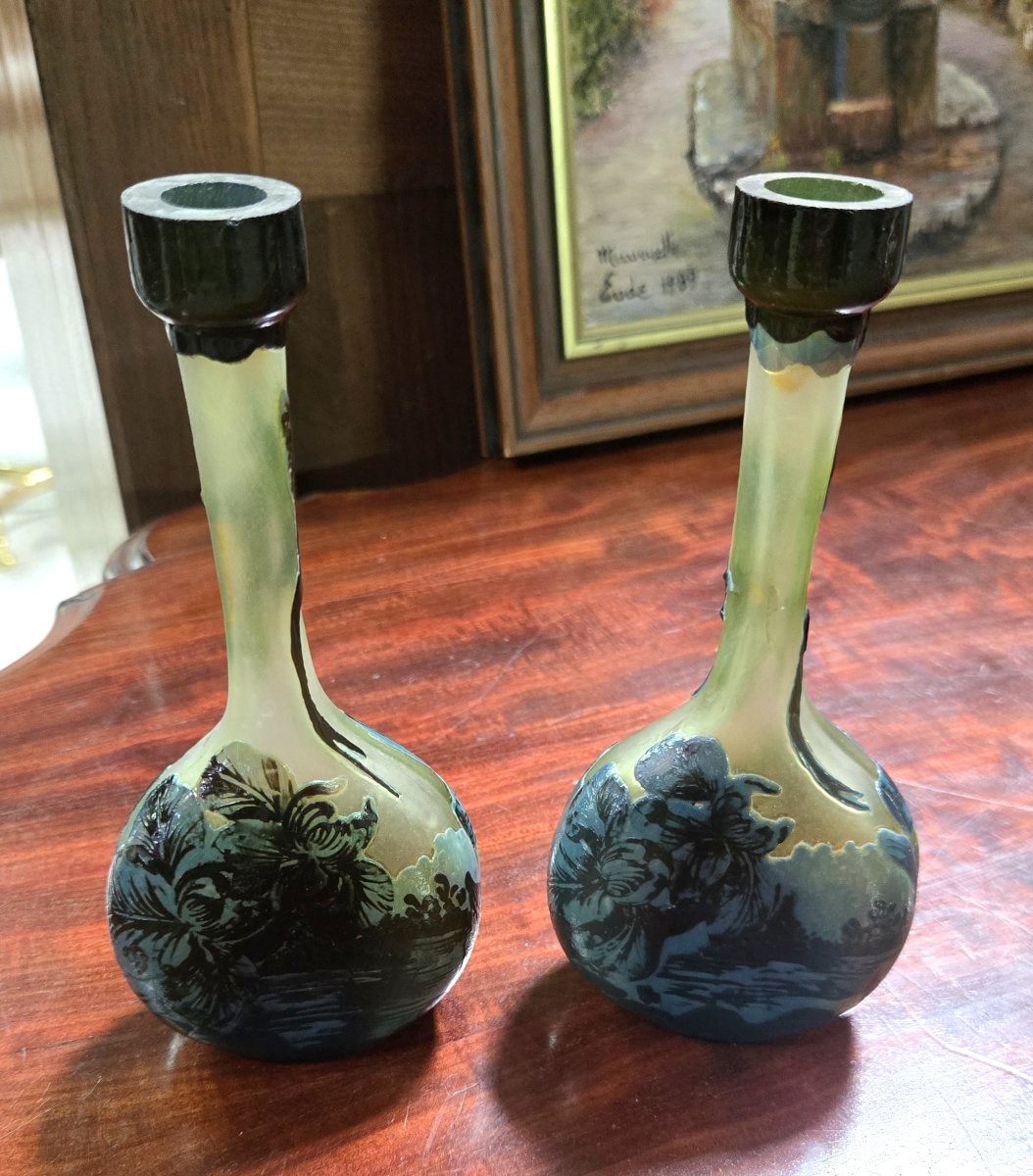 Pair Of Glass Paste Soliflor Vases With Long, Slender Necks Resting On Flat Bases.-photo-4