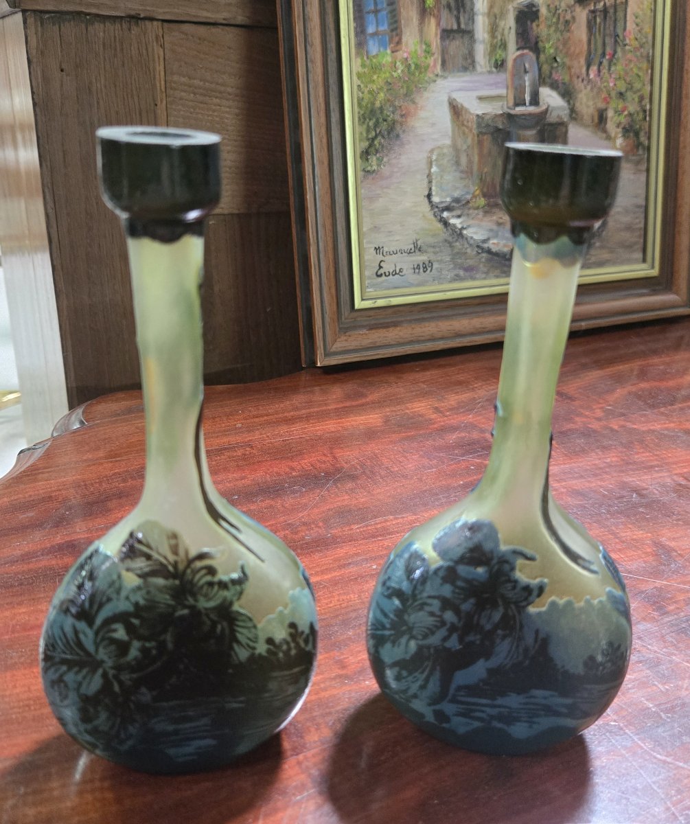 Pair Of Glass Paste Soliflor Vases With Long, Slender Necks Resting On Flat Bases.-photo-5