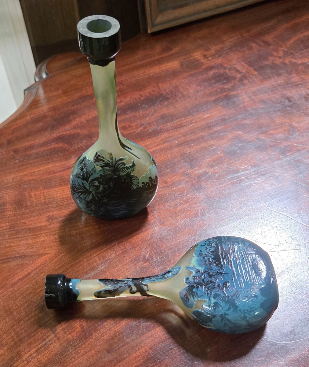 Pair Of Glass Paste Soliflor Vases With Long, Slender Necks Resting On Flat Bases.-photo-6