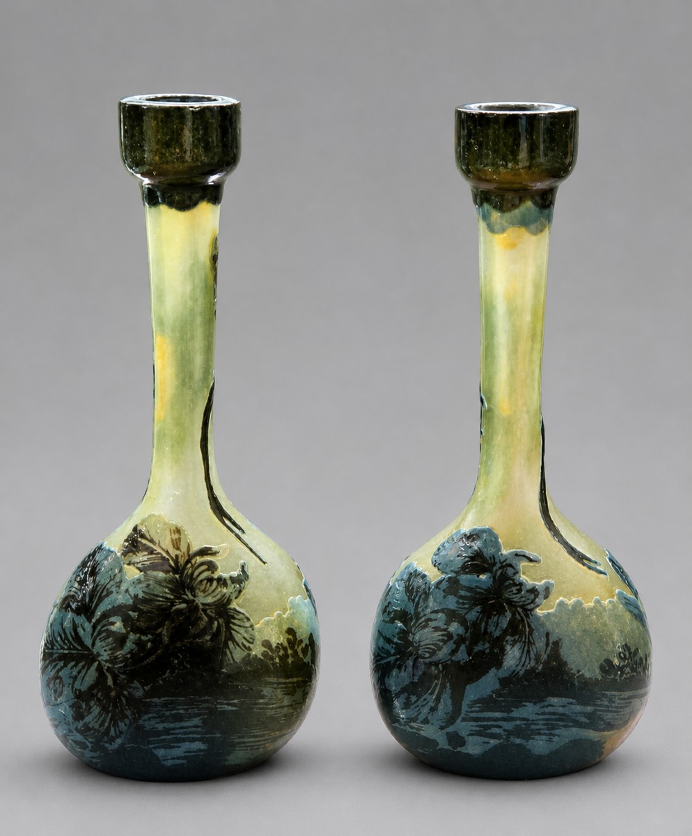 Pair Of Glass Paste Soliflor Vases With Long, Slender Necks Resting On Flat Bases.