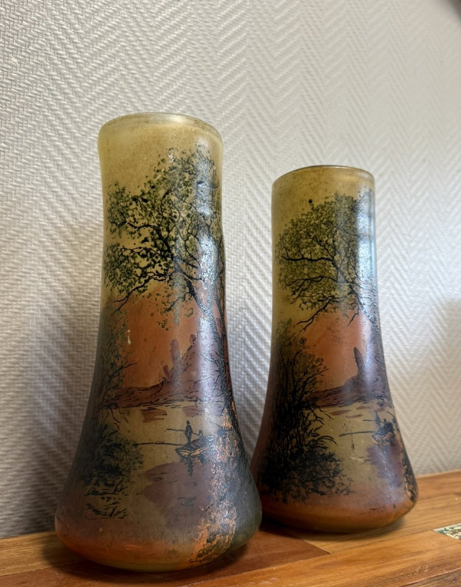 Pair Of Enamelled Glass Vases With Finely Painted Decoration / Art Nouveau Period-photo-1