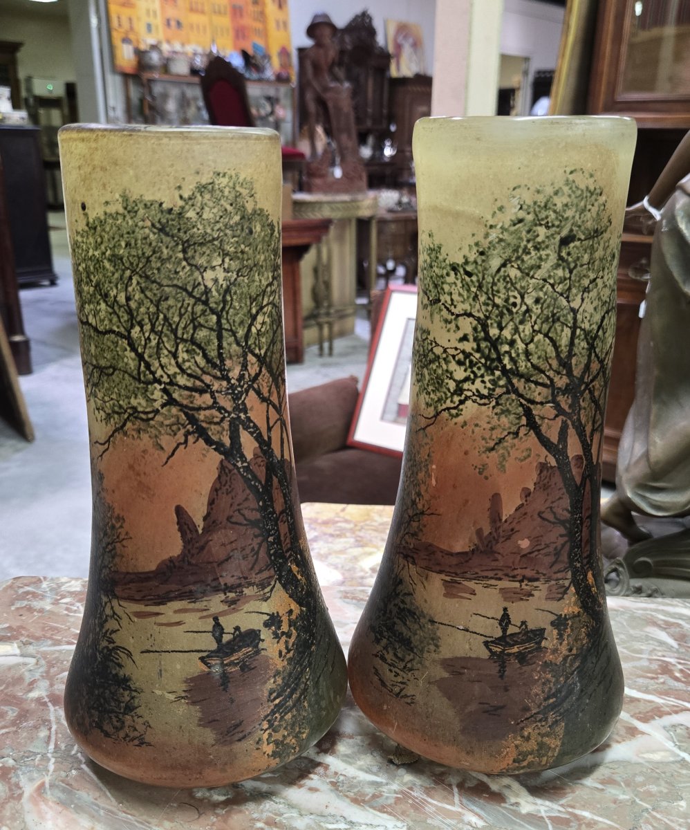 Pair Of Enamelled Glass Vases With Finely Painted Decoration / Art Nouveau Period-photo-4