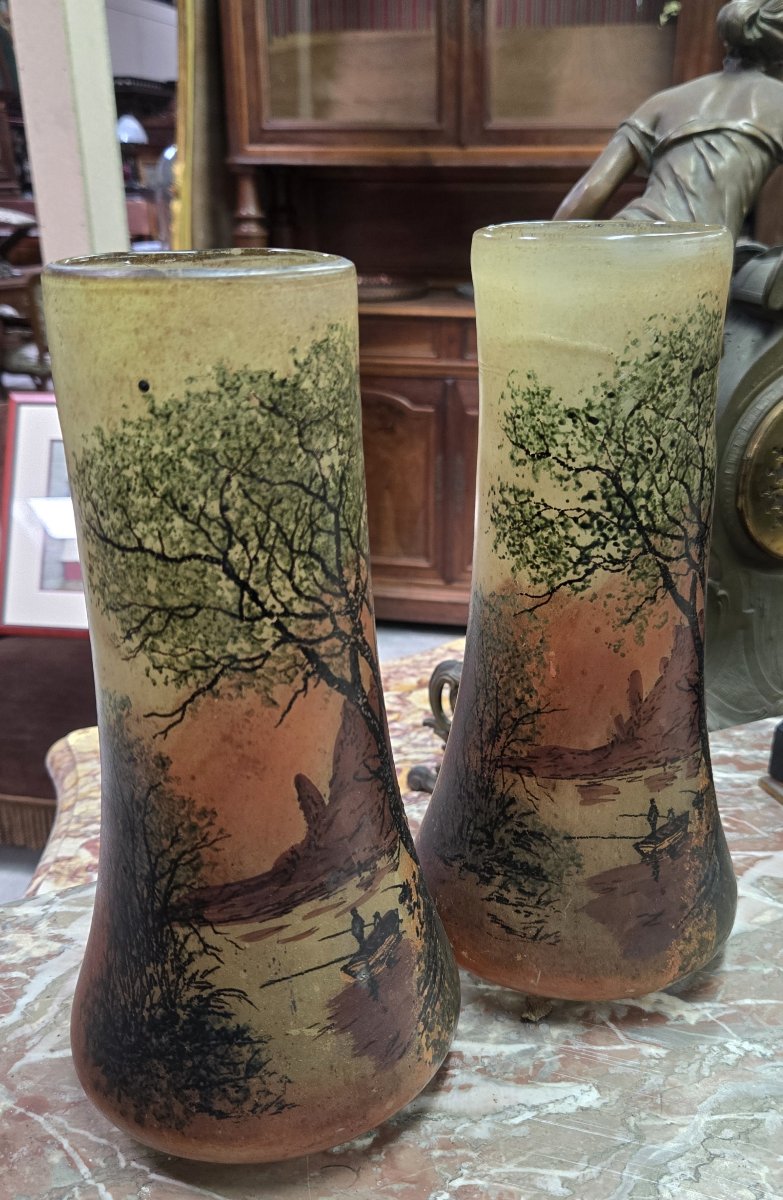 Pair Of Enamelled Glass Vases With Finely Painted Decoration / Art Nouveau Period-photo-5