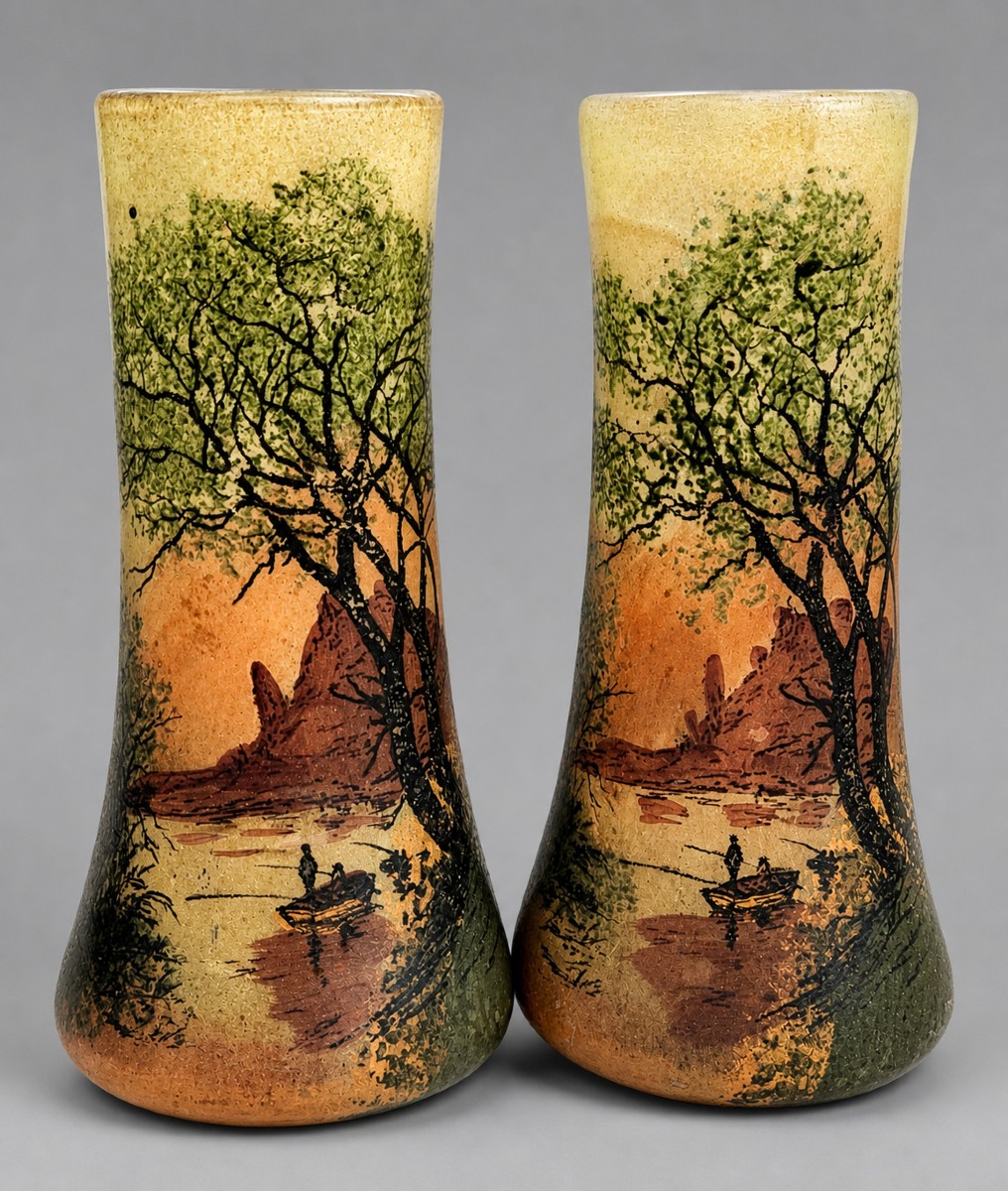 Pair Of Enamelled Glass Vases With Finely Painted Decoration / Art Nouveau Period