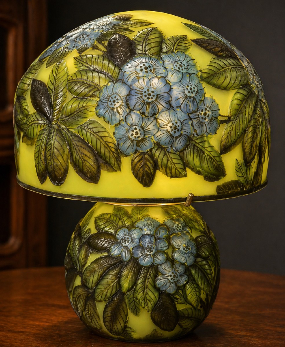 Lampe de table en pate de verre , ornée d’un riche décor végétal dégagé à l’acide 